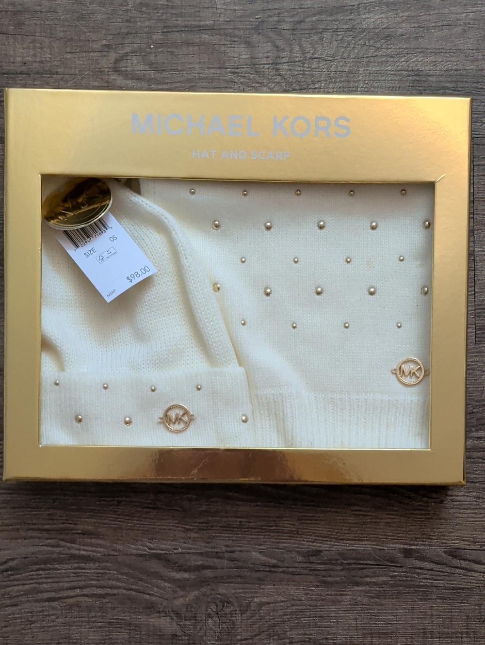 Michael Kors Cream Knit Hat and Scarf Set with Gold Accents